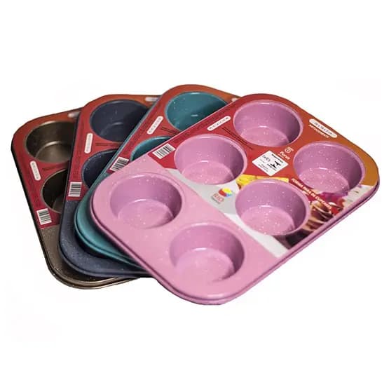 FORMA / ASSADEIRA DE ACO CARBONO ANTIADERENTE PARA CUPCAKE 26X18X3CM COM 6 CAVIDADES COLORS