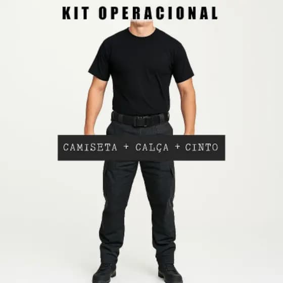 Calça Tática Vigilante Padrão Militar RipStop Anti Rasgão 6 Bolsos-Camiseta Preta 100% Algodão-Cinto Operacional