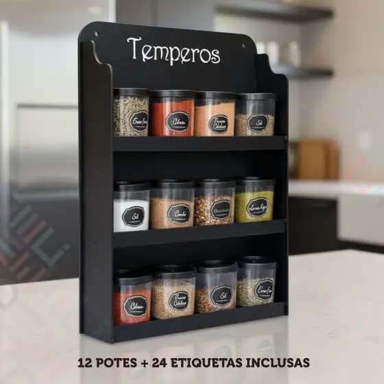 Prateleira Porta Temperos + 12 Potes Inclusos + 24 Adesivos Suporte Organizador Condimentos Cozinha