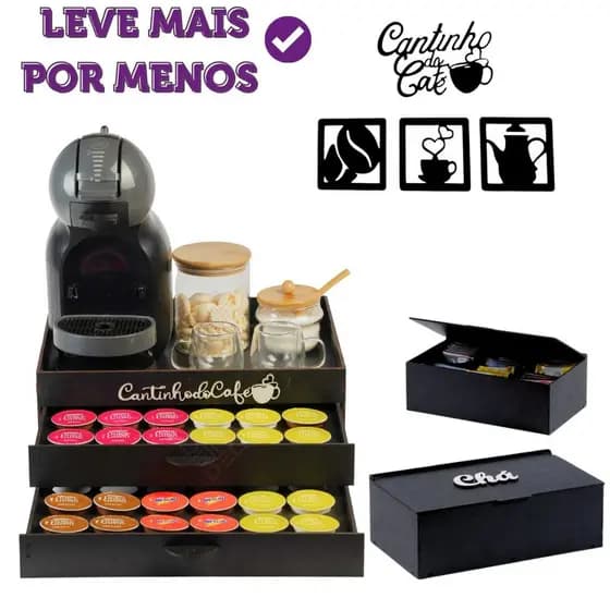 Bandeja 2 Gavetas Porta Cápsulas e Caixa de Chá MDF para Organização Café Caixa Chá com 6 Divisórias