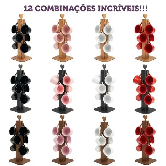 Kit Suporte Xícaras + 6 Xícaras Decoração Conjunto Cantinho Do Café Até 12 Combinações Disponíveis