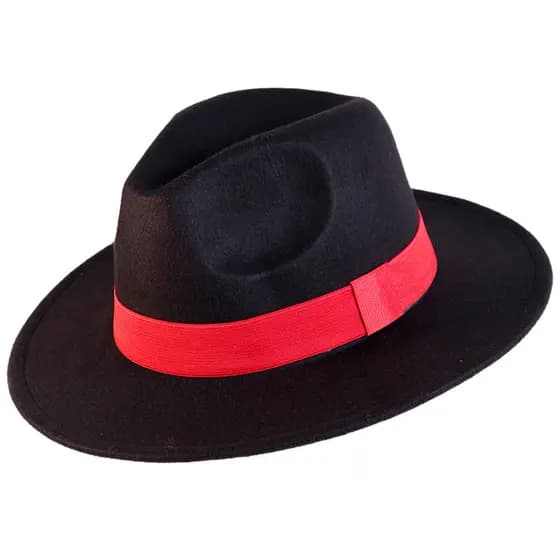 Chapéu Preto com Fita Vermelha Panamá Malandro Fedora Exu Tranca Ruas Almas Umbanda Candomblé