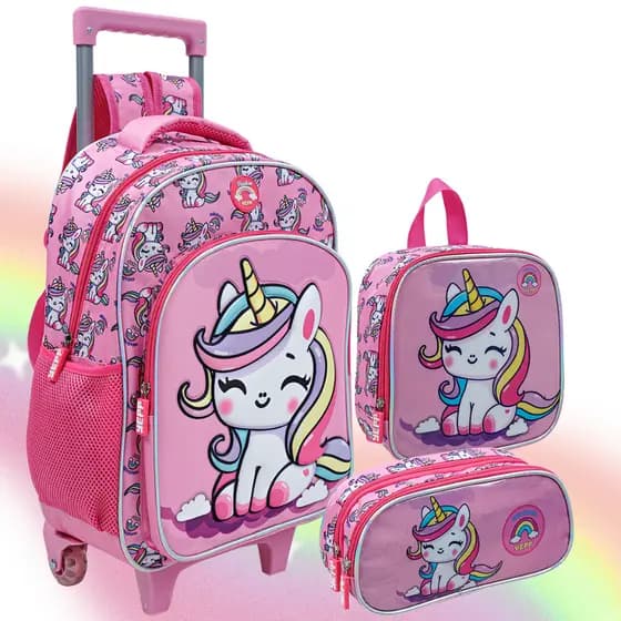 Mochila Escolar Infantil de Rodinhas Menina Bolsa Resistente Lancheira Térmica Estojo Kit Escolar Completo Lançamento