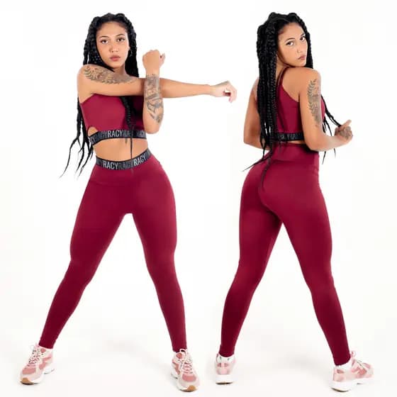 Conjunto Fitness Calça Legging Cintura Alta e Cropped com Elásticos Racy Marsala Zero Transparência