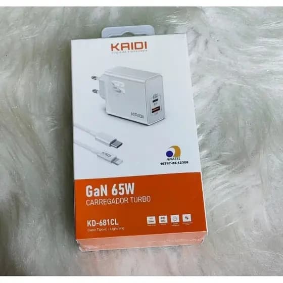 Carregador Turbo GaN 65W Kaidi com cabo Lightning iOS KD-681CL