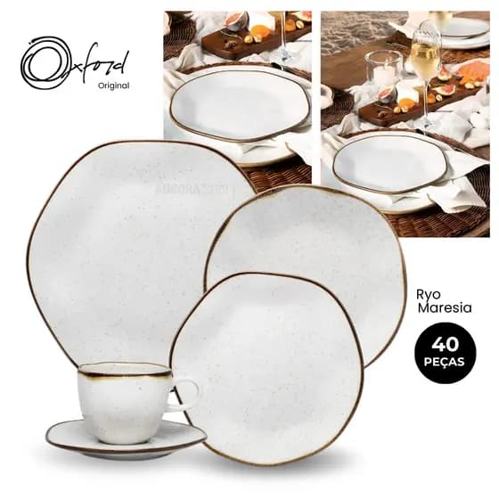 Jogo 40 Pçs Aparelho de Jantar e Chá Porcelana Ryo Maresia Oxford Conjunto de Pratos e Xícaras