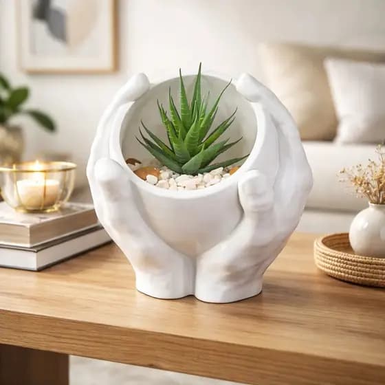 Vaso Cachepô Decoração Mesa Sala Luxo Mãos Planta Novidade