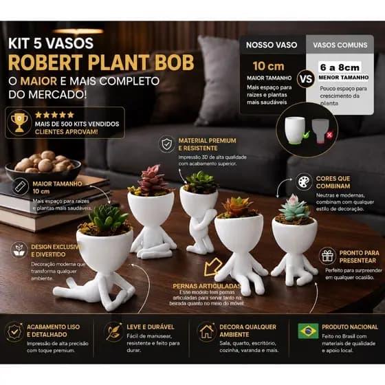 Kit 5 Vasos de 10cm para Suculentas e Cactos bobs bob Vasos Decorativos Robert Plant
