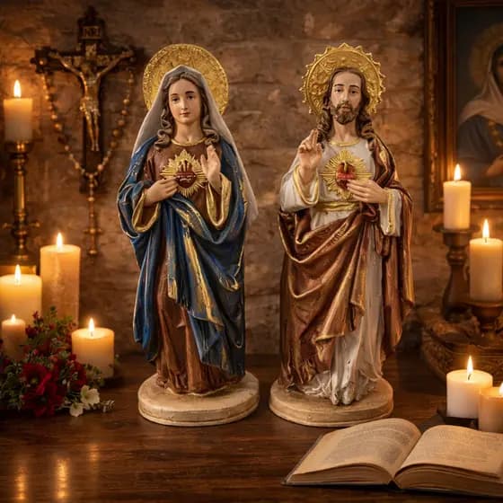 Kit Imagem Sagrado Coração De Jesus E Maria 22 Cm Estátua Barroca