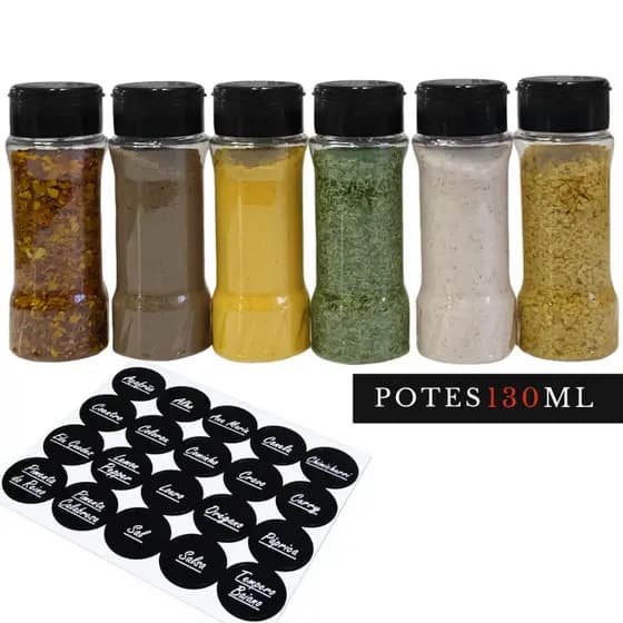 Kit 6 Potes de Plástico Tempero Condimento com Tampa Dosadora Dupla + Etiquetas