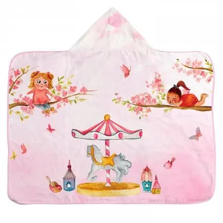 Toalha com Capuz felpa e Forro de Fralda Carrossel Baby Joy 67x90cm algodão