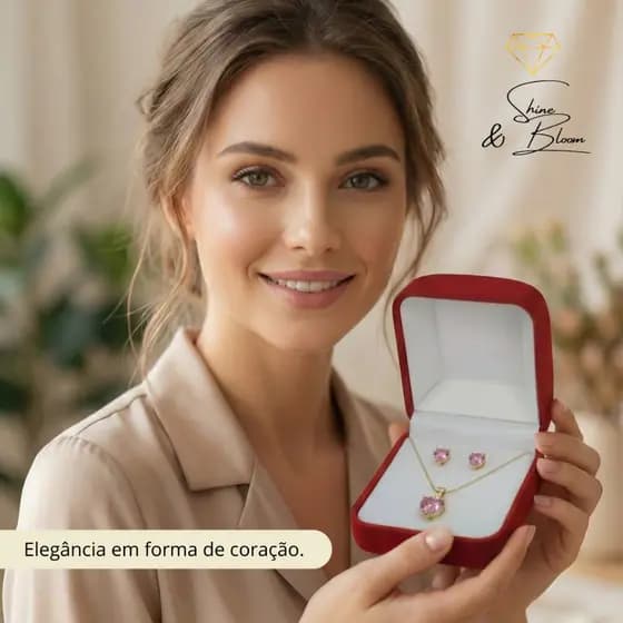 Conjunto Colar E Brincos Coração Zircônia Folheados