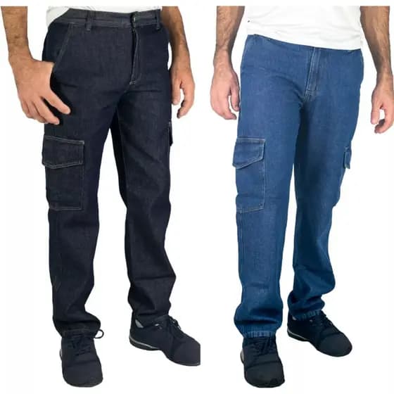 Calça Jeans Masculina Cargo Com Bolsos Na Perna Trabalho Casual Confortável