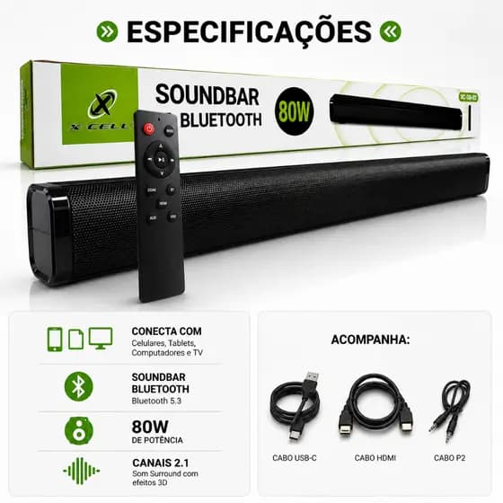 Caixa de Som Bluetooth Soundbar Home Theater Para Smart Tv Bluetooth RCA e P2 Pronta Entrega