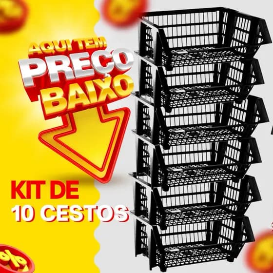 Kit 10 Cesto Cestao Empilhavel Preto Expositor Reforçado Organizador Estoque Dispensa Loja 20x44cm