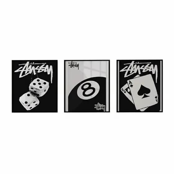 Quadros decorativos Jogos, bola 8 preto e branco (3 peças)