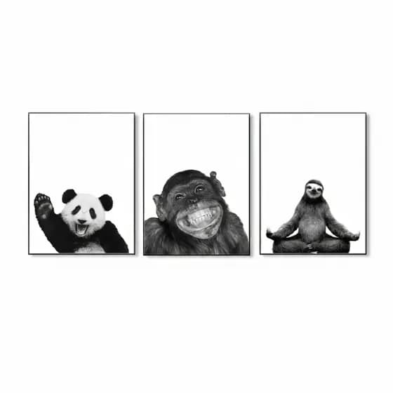Quadros decorativos nórdicos preto e branco urso, macaco, preguiça (3 peças)