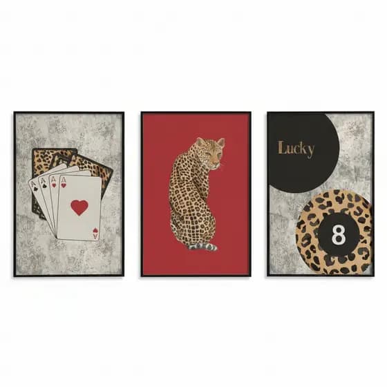 Quadros decorativos Cartas e bolas de bilhar com onça (3 peças)