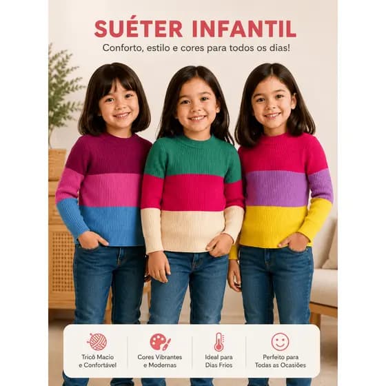 Kit 3 Blusas Cacharrel Infantil Menina Inverno Quentinha Tricô Canelado Macio Colorido