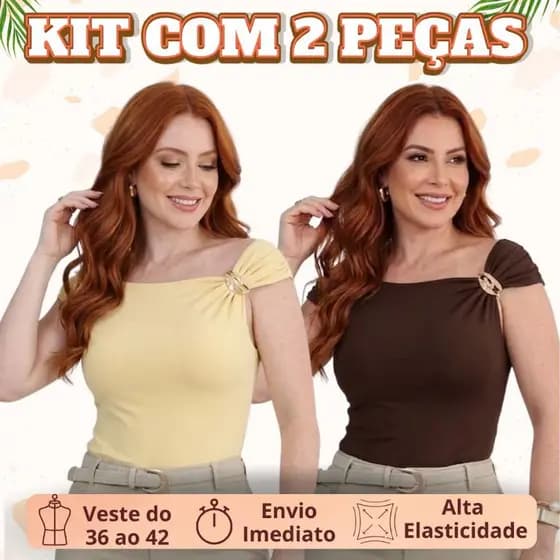 Kit 2 Blusas Feminina Elegante Suplex Premium Fivela Dourada Casual Trabalho Social Ombro a Ombro