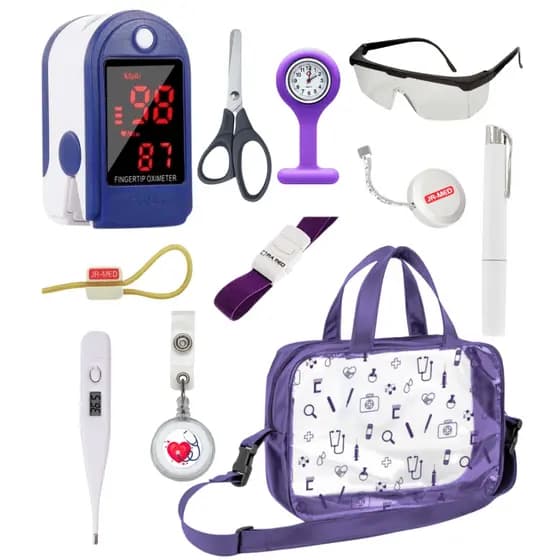 Kit Material De Enfermagem Para Aula Prática + Oximetro + Bolsa Enfermagem Vinho Preto Roxo Pink