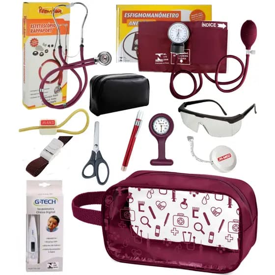 Kit Material de Enfermagem Aparelho Pressão com Estetoscópio Duplo Rappaport Completo Cor + Necessaire