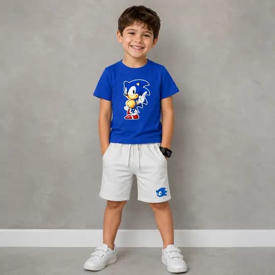 Kit Infantil Camiseta e Bermuda Desenho Animado Sonic + Brinde Conjunto Verão Dia a Dia Promoção