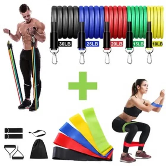 KIT Elásticos Extensores + 5 Mini Bands Fortes para Treino em Casa Yoga Pliates Faixas de Treino