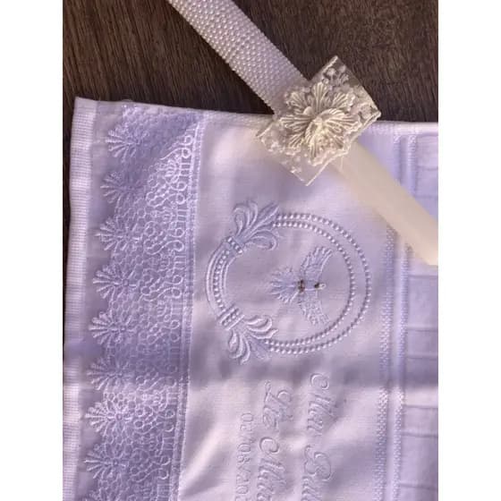 Kit Vela de Batizado com Pérolas e Espírito Santo + Toalha