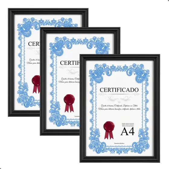 Kit 3 Moldura Quadro A4 20x30 Porta Certificado Diploma Foto P/ Parede