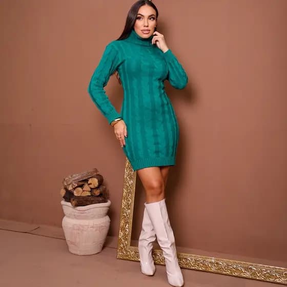 Vestido feminino longo de tricot gola alta manga longa vestidos tecido premium