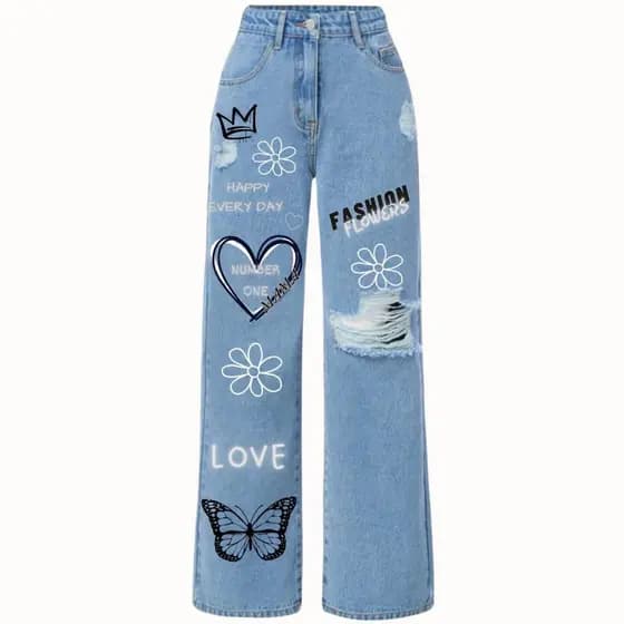 Calça jeans wide leg com desenho estilo pantalona infantil juvenil 10 aos 16