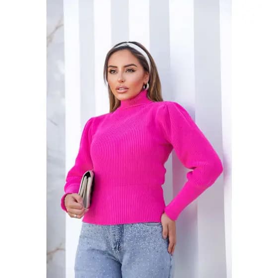 Blusa de tricot gola alta manga bufante fangue