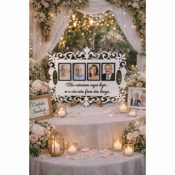 Porta retrato de homenagem em mdf branco, cantinho da saudade, casamento