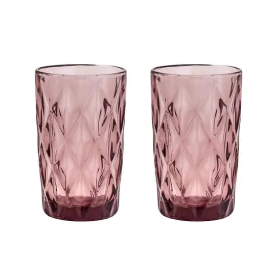 Jogo 2 Copos De Vidro Diamond 350ml Rosa Para Água Suco Resistente Elegante Luxo