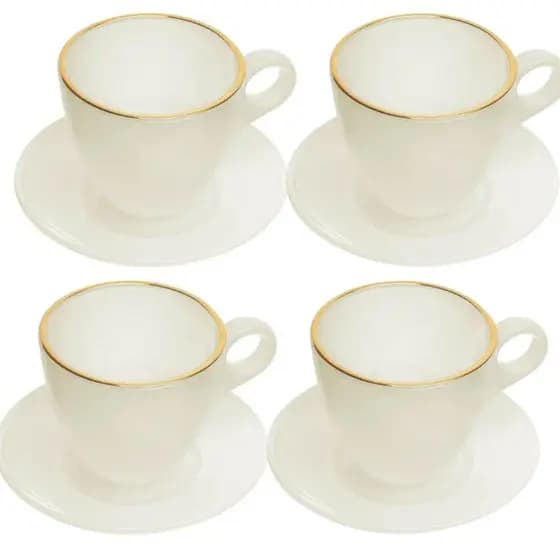 Conjunto 4 Xícaras De Vidro Wolff 170ml Com Pires E Fio De Ouro Milky Café Branca