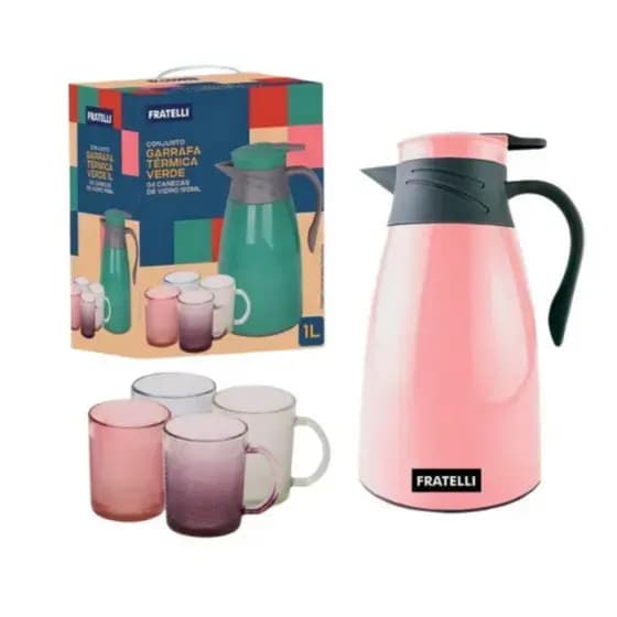 Conjunto Garrafa Térmica 1 Litro Fratelli Com 4 Canecas 190ml De Vidro Para Café Chá E Bebidas Frias