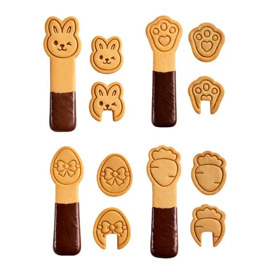 Kit Profissional 4 Cortadores e Carimbos 3 em 1 Páscoa Palito Tradicional Borda de Xícara 4cm e 10cm