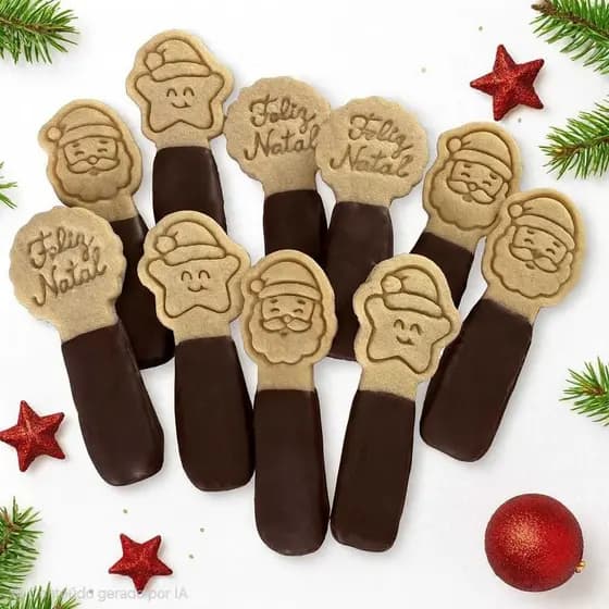 Kit 3 Cortadores + Carimbos Biscoitos (Palito) – Papai Noel, Estrela, Feliz Natal - com Puxador