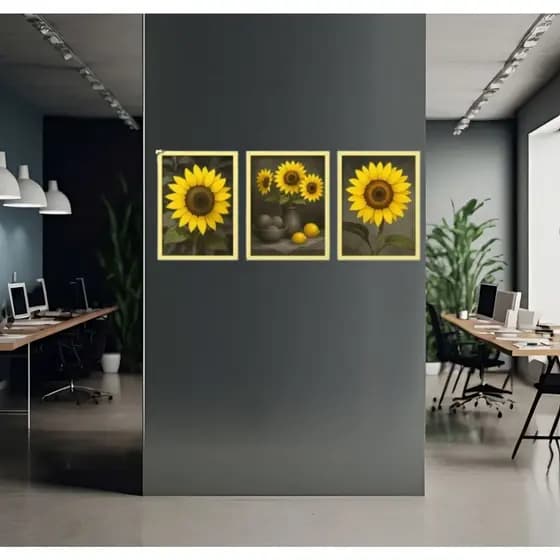 Kit 3 Quadros Decorativos Girassol Flores Amarelas Mosaico Sala Quarto Escritório