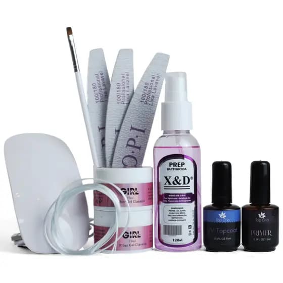 Kit Unha Gel Fibra Top Coat Primer Prep Pincel Lixas Cabine