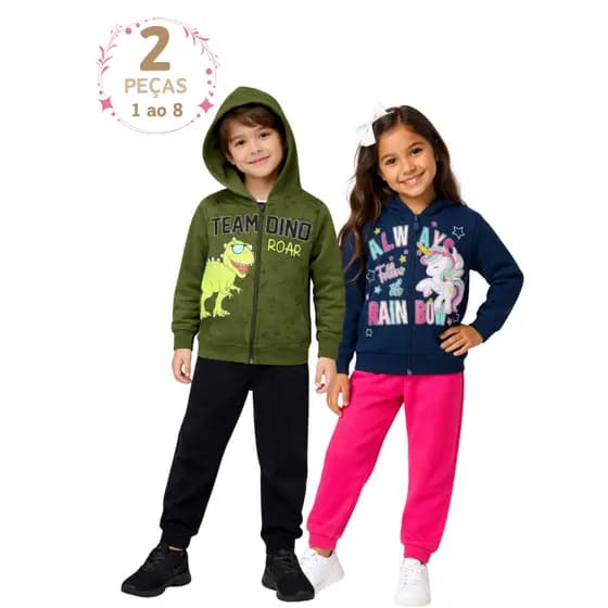1 Conjunto Moletom Infantil Menina Menino com Ziper e Capuz Agasalho de frio 1 ao 8