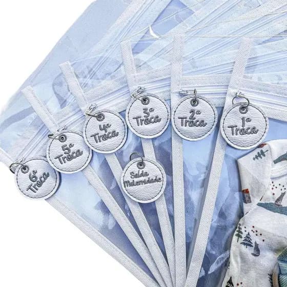 Kit 6 Saquinho Saco Maternidade Plástico Bordado COM TAG Organizador Mala Viagem Impermeável
