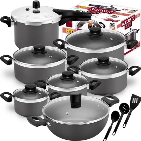 Hiper Jogo De Panelas Antiaderente Grossas + Pressão 4,5 Litros + Panela Wok Gourmet 10 Peças