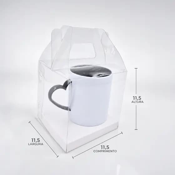 Caixa com alça tipo maleta PVC transparente de acetato 11,5x11,5x11,5 cm. Caneca mini bolo presente