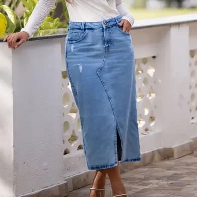 Saia Jeans Midi Longa Com Fita Glitter Dourado Moda Evangélica Fenda Frontal Chique Casual REF 1228