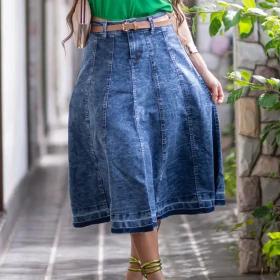 Saia Jeans Rodada Marmorizada com Cinto de Couro Moda Evangélica Estilo e Conforto Ref. 1218