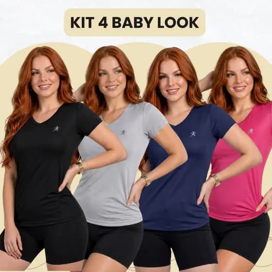 Kit 4 Camisas Baby Look Dry Fit Tecido Leve Confortavel Exercicios Moda Feminina Musculação Corrida