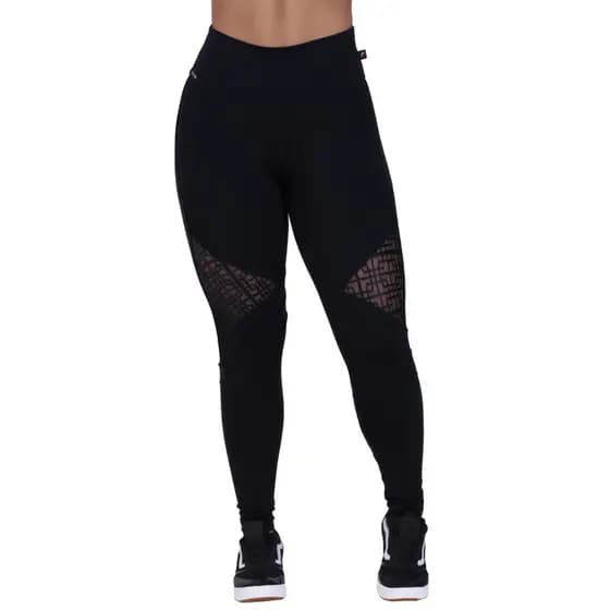 Calça Legging Fitness Feminina Suplex Poliamida Recorte Tela Cós Alto Orbis - PRETO