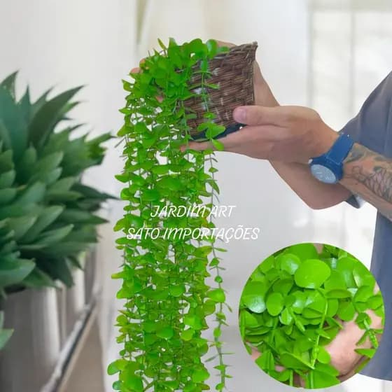 Planta Decorativa + Vaso Trançado Marrom com suculentas Pendentes Artificial 120cm PT15